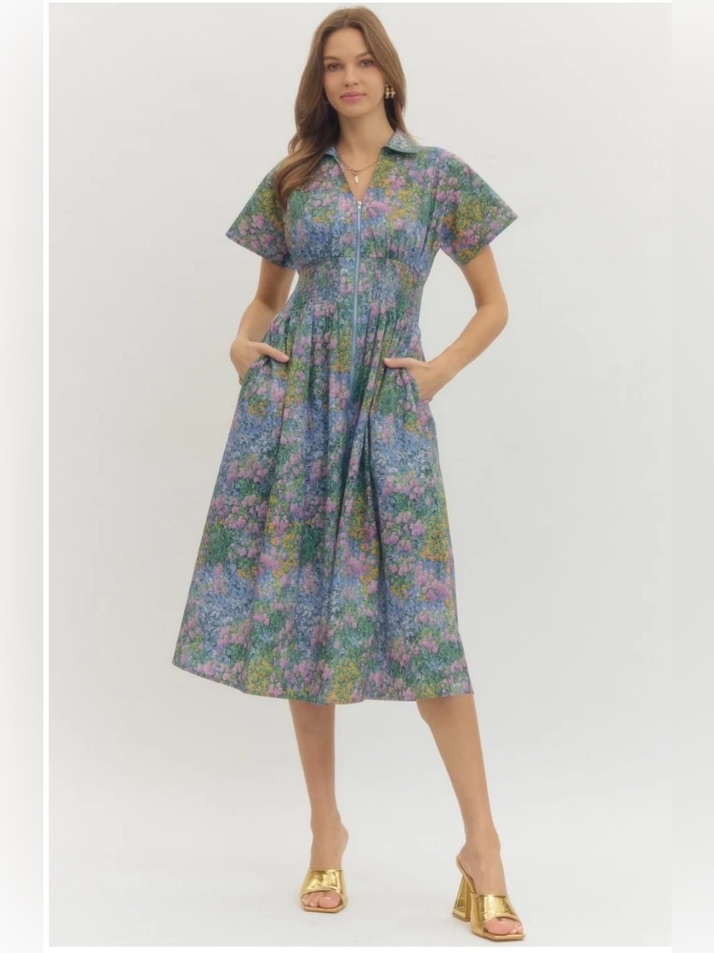 NEW Boutique entro Blue-Green Floral Colorful Zip Front Midi Dress
